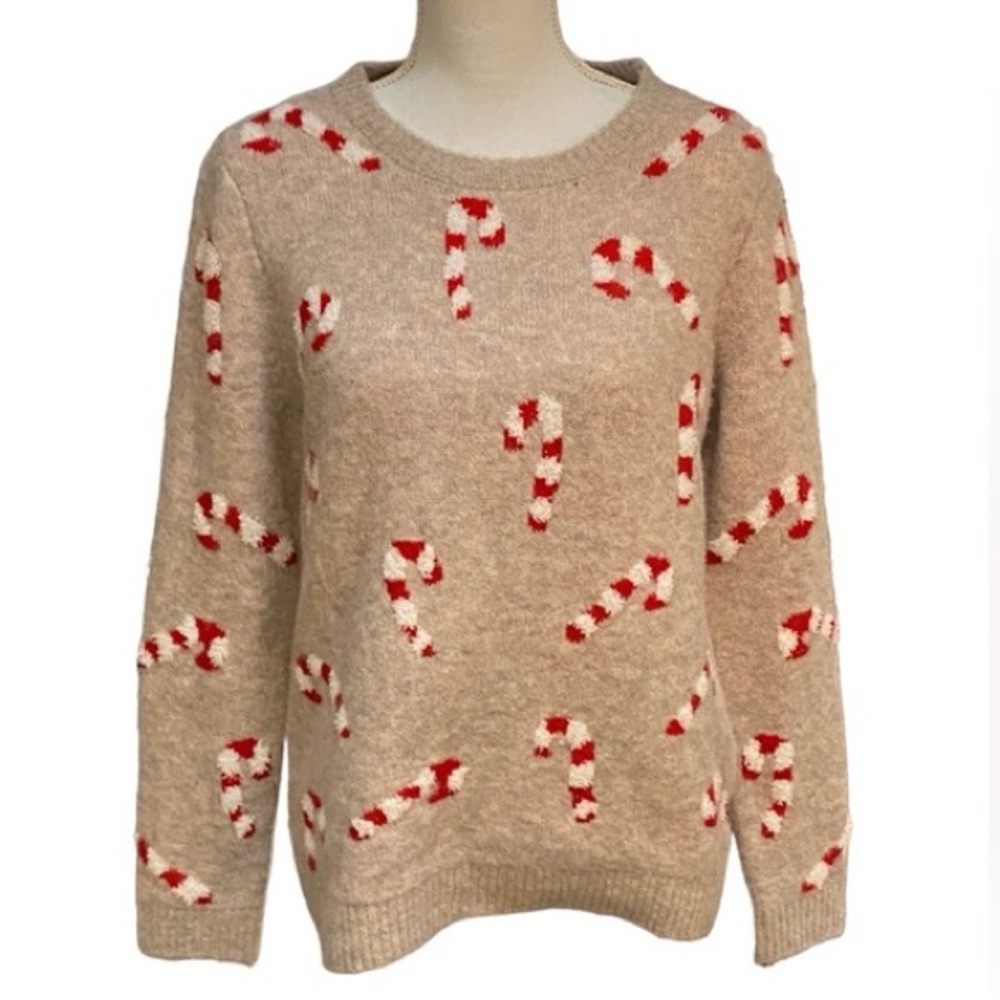 CUPCAKES AND CASHMERE Beige Candy Cane Christmas Holiday Sweater Sock Set M NWT